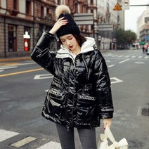여성용 겨울 유광패딩 루즈핏 후드 패딩점퍼