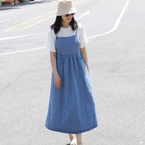 터치라인 폴링 여성 여름 데님 청 뷔스티에 민소매 멜빵 데일리룩 롱 원피스