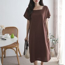 오슈 여성 깔끔 스퀘어넥 베이직 심플 린넨 면 롱원피스