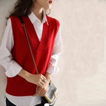 DFMEI 브이넥 트위드 레이어드 솔리드 민소매 박시 나시 니트마갑