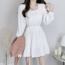 스퀘어넥 티어드 캉캉 허리끈 리본 쉬폰 원피스