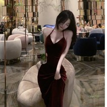 프렌치 원피스 2022 년 봄가을 계절 술때 벨벳 끈나시 슬립 슬림핏 3675386853