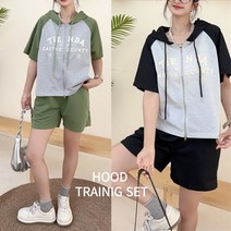[럽즈올] 여성용 빅사이즈 오버핏 여름 반팔 레터링 후드집업 밴딩 팬츠 반바지 트레이닝 세트