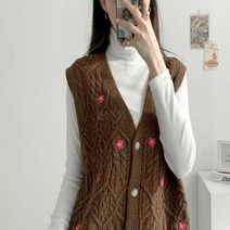 여자 플라워 동백꽃 꽈배기 클래식 복고풍 니트 조끼