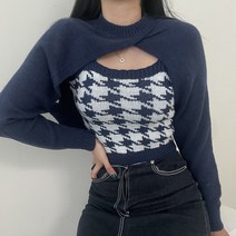 VANANA2 여성 하운드체크 볼레로 가디건 나시 투피스세트