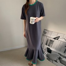 퍼니걸스 6377 라운드 배색 맥시 플레어 반팔 롱 원피스 여성의류