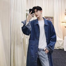 남자 흑청 진청 샴브레이 롱 셔츠 자켓 청카바 트렌치코트 청재킷 바람막이 아우터 M L XL 2XL 빅사이즈