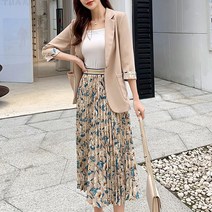 여성 7부 자켓 플리츠 스커트 세트 투피스 정장 치마