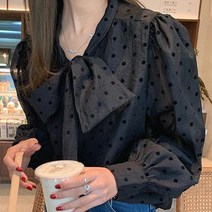 도트 여성 브이넥 블라우스 무늬 리본끈 검정색 스러운 데이트룩 봄 넥리본 셔츠