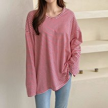 오버핏 면 스트라이프 캐주얼롱티셔츠