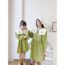 엄마와딸 그린 패밀리룩 리본 넥 원피스