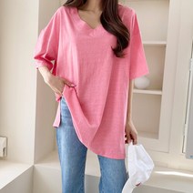 네쥬 여성 봄 여름 오버핏 브이넥 무지 반팔 티셔츠