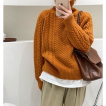 QIANSU 새로운 터틀넥 꽈배기 빈티지 루즈 보온 니트 스웨터