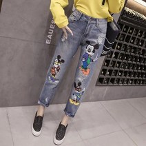 Taobei 미키 캐릭터 바지 와이드 데미지 데님 팬츠 여 9부 팬츠