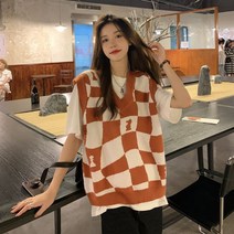 포린박스 핑크 캐주얼 체스 자수 체크 니트 조끼 SH