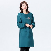 방수 앞치마 여성 패션 주방 식당용 업소용 민소매 긴팔 앞치마 A24, 레이크블루 긴팔(자수패턴)
