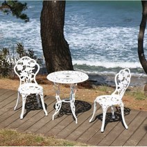 로즈 장미 주물 2인세트 야외 의자 테이블 아웃도어 야외용 정원 가든 펜션 리조트, 화이트