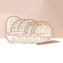LOVFIR 튤립 도자기 식기 세트 물결 가장자리 밥그릇 국그릇 접시 6인 식기세트 22p, 핑크색, 4인 식기세트 14p