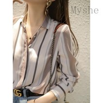[Myshe]봄 패션 정장 스트라이프 블라우스 여성 쉬폰 블라우스 juan225D3