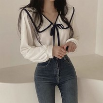 코지 여자 로맨스 세라카라 리본매듭 배색 블라우스