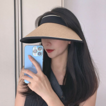 hotmally 여성 썬캡 돌돌이 라피아 라탄 여름 모자 캡모자 와이드 밴드 휴양지 넓은 챙모자