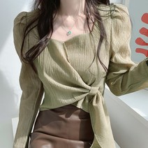 세컨핑크 튤립 오버랩 숄더 퍼프 리본 블라우스