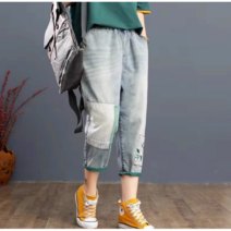 tagi 빅사이즈 7부 청바지 캐주얼 여성 밴딩 데님 와이드 팬츠 데일리