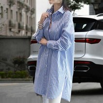 여자남방 여성 폴리 블루 세로 스트라이프 롱셔츠 블라우스