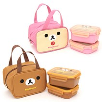 리락쿠마 가방2단사각이중스텐도시락 세트, 핑크, 1세트