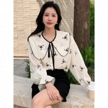 DAZY 타색 대비 랩 앞 스트랩 나비매듭 리본 플레어 슬리브 블라우스 407182 J