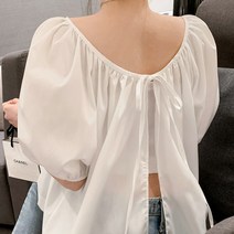 [파인스토리]뒷트임 리본끈 퍼프 소매 반팔 블라우스