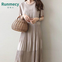 런메시Runmecy 여름 원피스 라운드 린넨 루즈핏 셔링 반팔 원피스