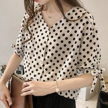 SAMARA 여성 반팔 리본 도트무늬 여성 블라우스 남방 셔츠