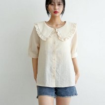 [바보사랑] 여자 프릴 빅카라 퍼프 반팔 린넨 마원단 블라우스