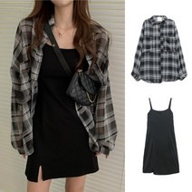 끈나시 원피스 체크 셔츠 세트 DHH-B70 여성원피스 점프수트 짝꿍닷컴
