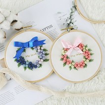 101도 프랑스자수패키지 DIY 꽃방울 리스 만들기 3color, 파랑 - 대나무자수틀 16cm