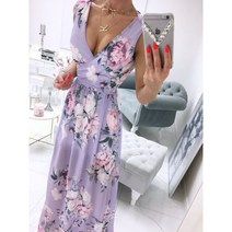 플로럴원피스 꽃무늬 쉬폰 원피스 여름 딥 브이넥 보헤미안 민소매 비치 우아한 여성 슬릿 빈티지 롱