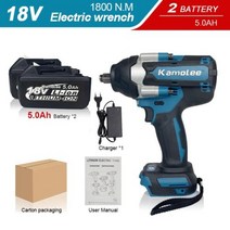 Kamolee1800 NM 하이 토크 90Ah 9000mAh 브러시리스 전기 임팩트 렌치 마끼다 18V 배터리용, 미국+Two5.0AH BAT  Carton