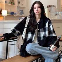 여성 가을 야구점퍼 봄 체크 코트 빈티지 야구복 캐주얼 점퍼 코트 루즈핏 야구복 자켓 빅사이즈