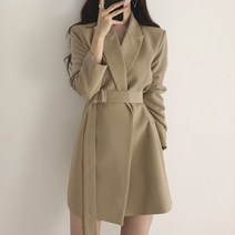 라라벨 여성용 자켓 베이가 카라넥 노버튼 벨트 베이직 솔리드 코트 페미닌 자켓