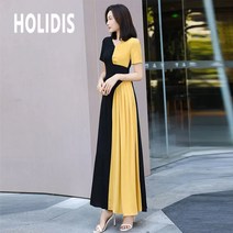 HOLIDIS 여성 맥시 쉬폰 원피스 봄 여름 긴팔 반팔 조거 롱스커트 블랙 옐로우 패치 패션 롱 원피스