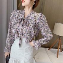 넷투넷코리아 여성 리본카라 심플 플라워패턴 데일리 기본 블라우스