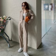 여성 바지정장세트 우영우정장 키작은 빅사이즈 정장바지 여성 한 원 버튼 캐주얼 크롭 블레이저 재킷 + 하이 웨이스트 드레이핑 와이드 레그