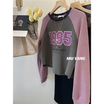 WZC 봄가을 래글런 맨투맨 라운드 크롭 니트소매 빅사이즈 배색 풀오버 긴팔 티셔츠 숏상의 여성의류
