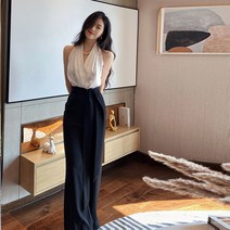 Lsnow 프랑스어 스타일 햅번 스타일 패션 기질 고급 감지 흑백 대비 컬러 매달려 넥 Jumpsuit 와이드 다리 바지 바지 얇은 여성 여름