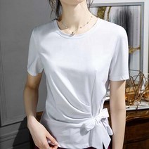 데일로엔 여성용 라운드넥 셔링 왕 리본 반팔티셔츠