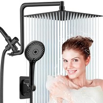 샤워 헤드 브러시드 니켈 업그레이드된 12인치 레인 유연 곡선 연장 암 및 고압 4 설정 핸드헬드 콤보 내장 파워 워시 60인치 호스, Matte Black