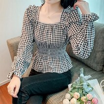 코지 프릴 잔잔 체크 스퀘어넥 스모크 블라우스