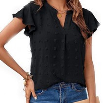 여성용 2023 여름 브이넥 러플 반소매 블라우스 스위스 도트 하늘거리는 셔츠 튜닉 탑 블루