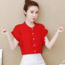가바바 여성 블라우스 라운드 반소매 쉬폰 레이스달린 오피스룩 블라우스 G35509